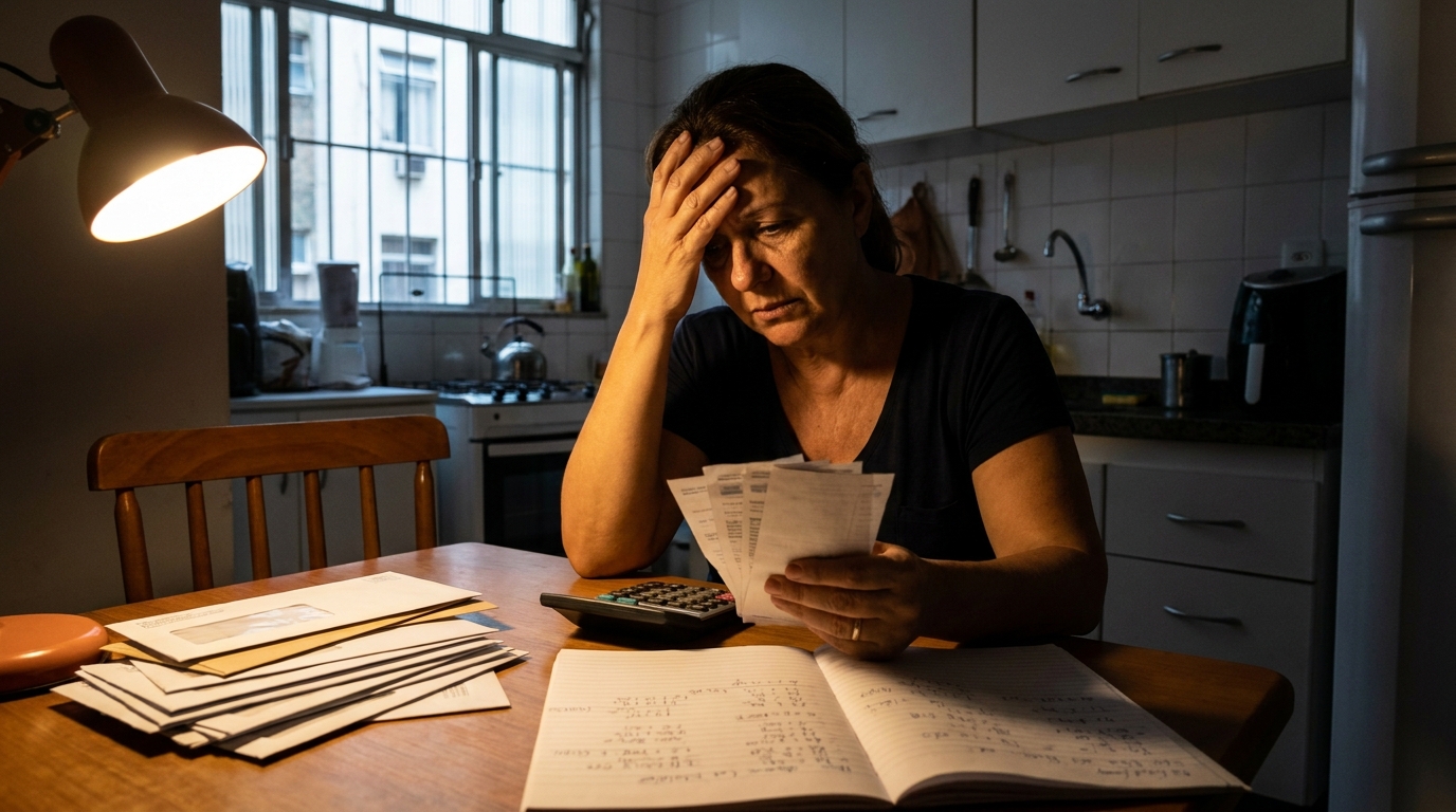 Mãe brasileira preocupada sentada à mesa da cozinha segurando boletos e calculando reajuste abusivo plano de saúde com expressão de angústia