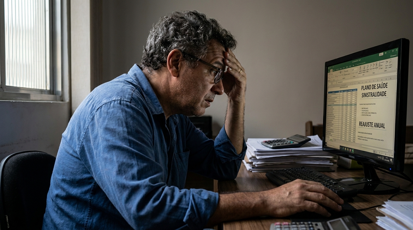 Pequeno empresário brasileiro frustrado olhando a tela do computador no escritório analisando sinistralidade plano de saúde e impacto na folha de pagamento