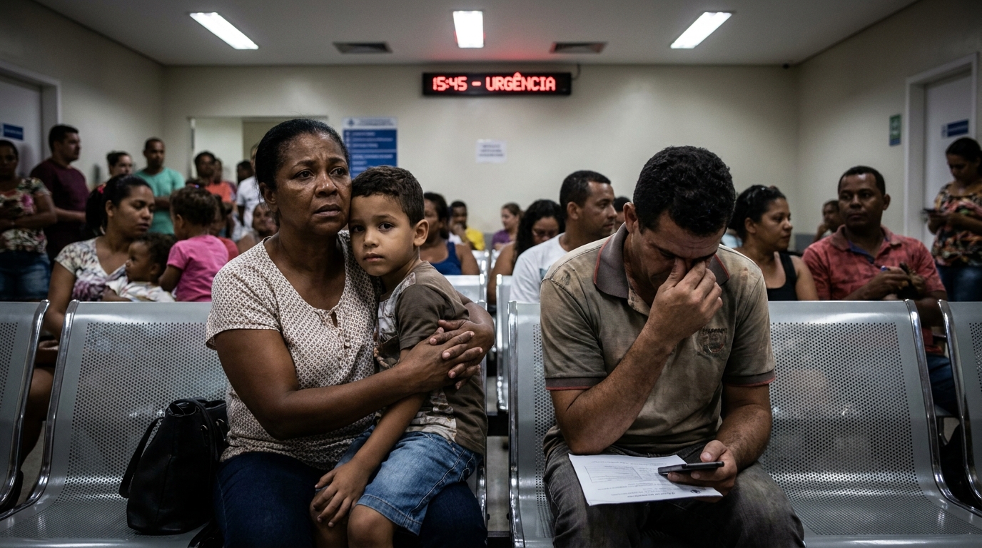 Família brasileira negra em sala de espera de hospital com semblante triste aguardando resolução de negativa de cobertura de exame complexo