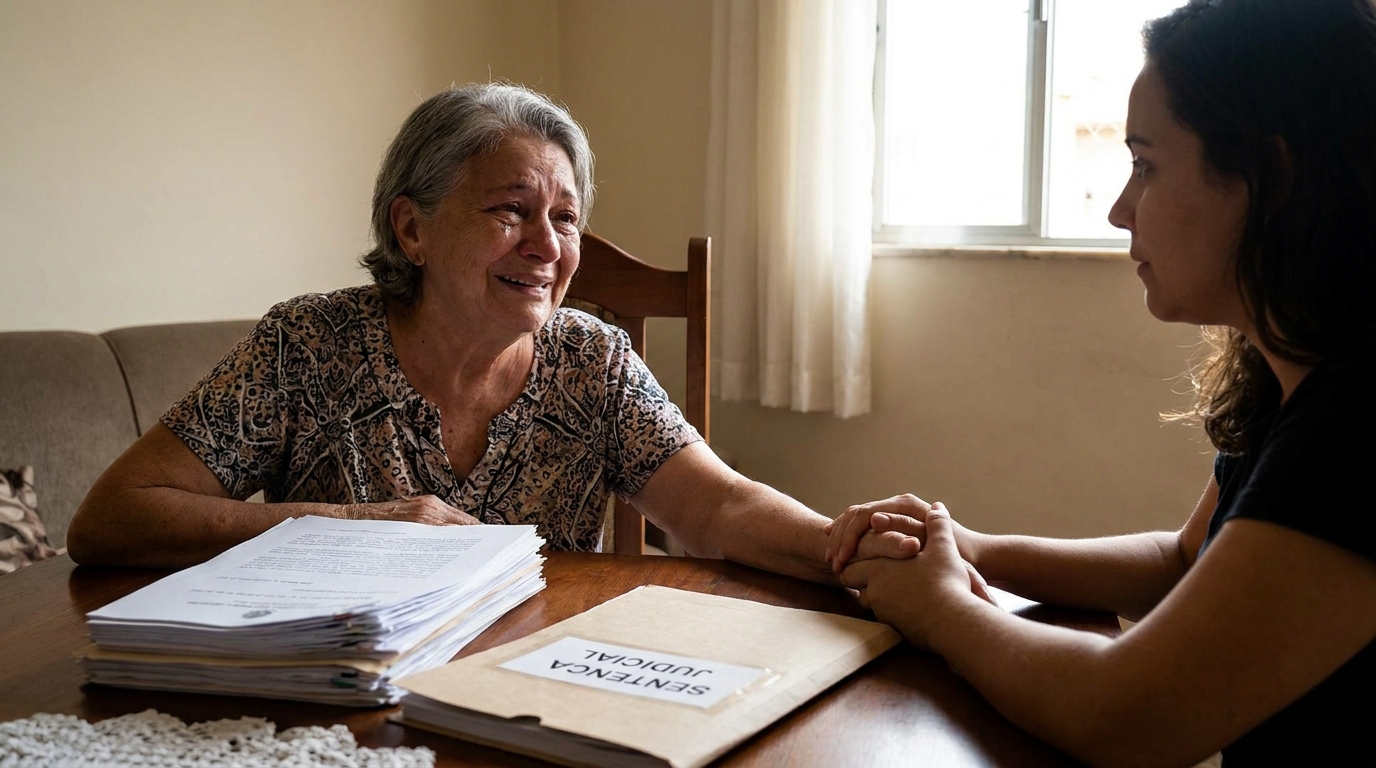 Mulher idosa brasileira com expressão de alívio e esperança ao lado de documentos legais após ganhar ação judicial plano de saúde para tratamento oncológico