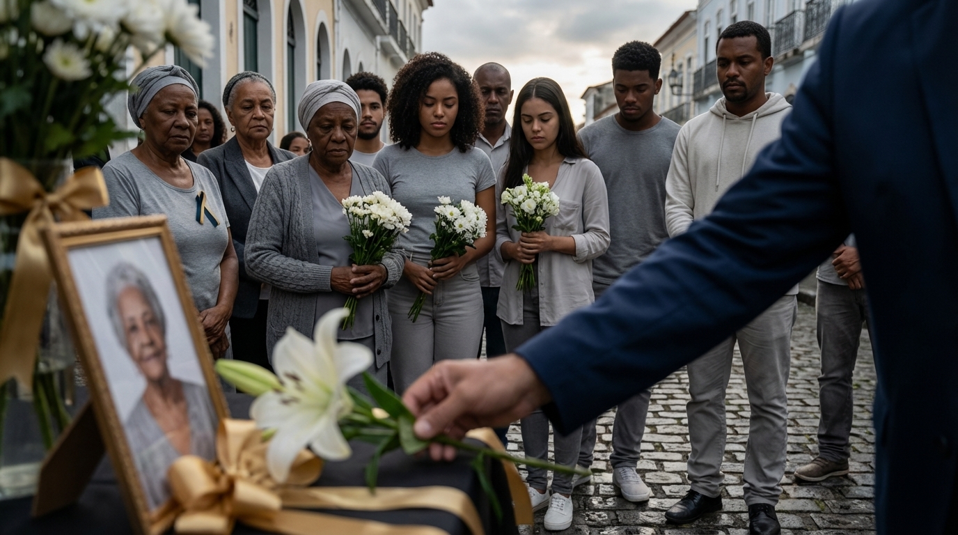 Grupo diversificado de cidadãos brasileiros em momento de luto e respeito, segurando flores brancas em homenagem a uma liderança religiosa, representando a união da fé - intolerância religiosa