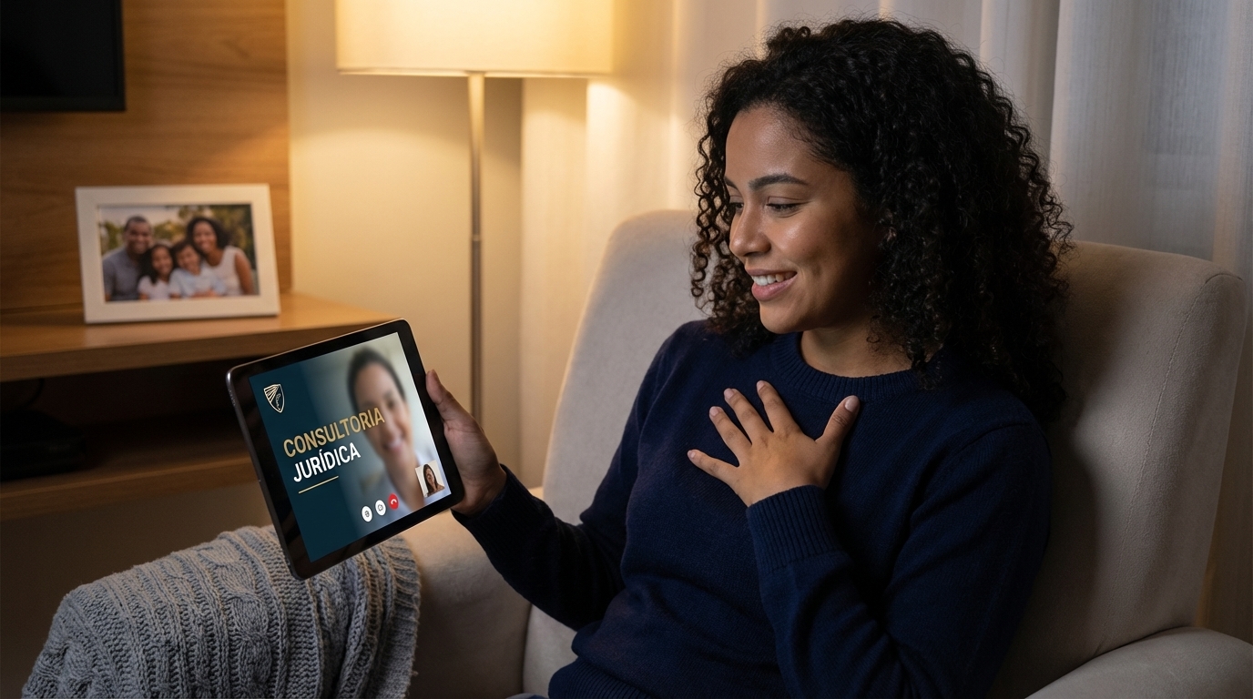 Mulher brasileira jovem em ambiente doméstico, com expressão de alívio ao consultar um advogado por videochamada no tablet - consultoria jurídica online