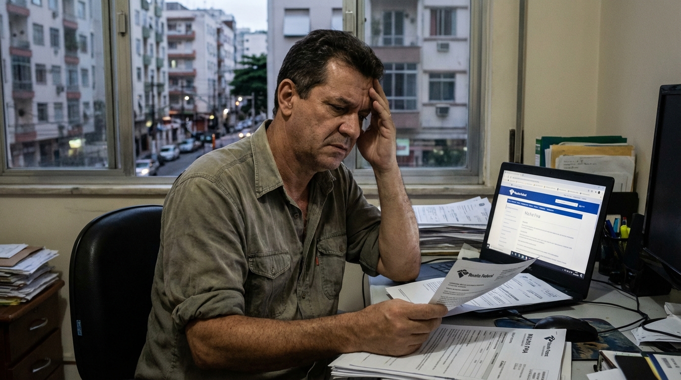 Empresário brasileiro em escritório analisando notificação da malha fina imposto de renda com expressão de preocupação e tensão