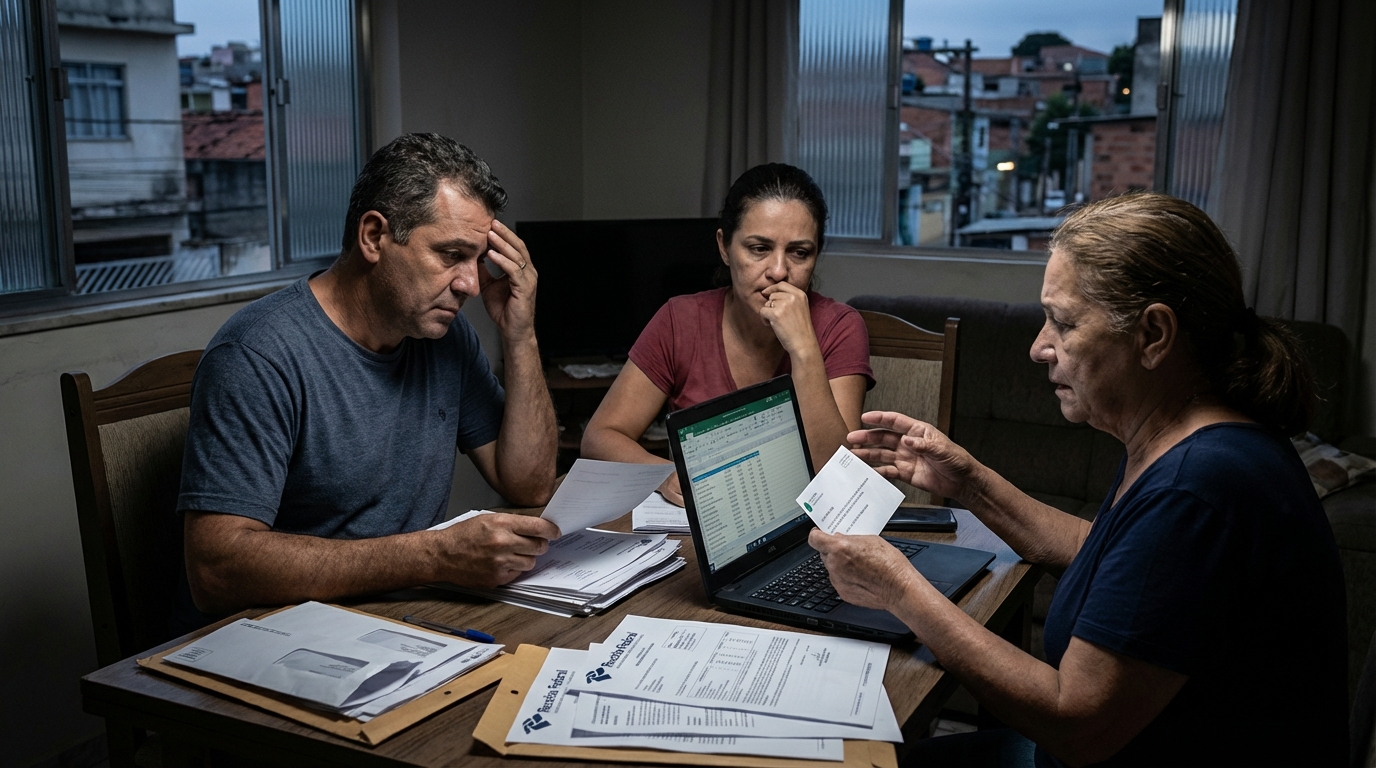 Família brasileira apreensiva na sala de estar revisando documentos financeiros e notificações da Receita Federal com tensão