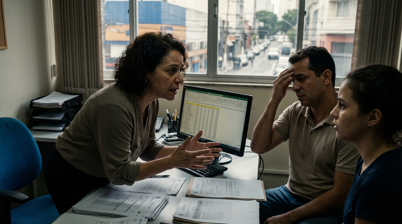 Gestora brasileira de pequena empresa discutindo ansiosamente com sua equipe financeira sobre bloqueio judicial de contas