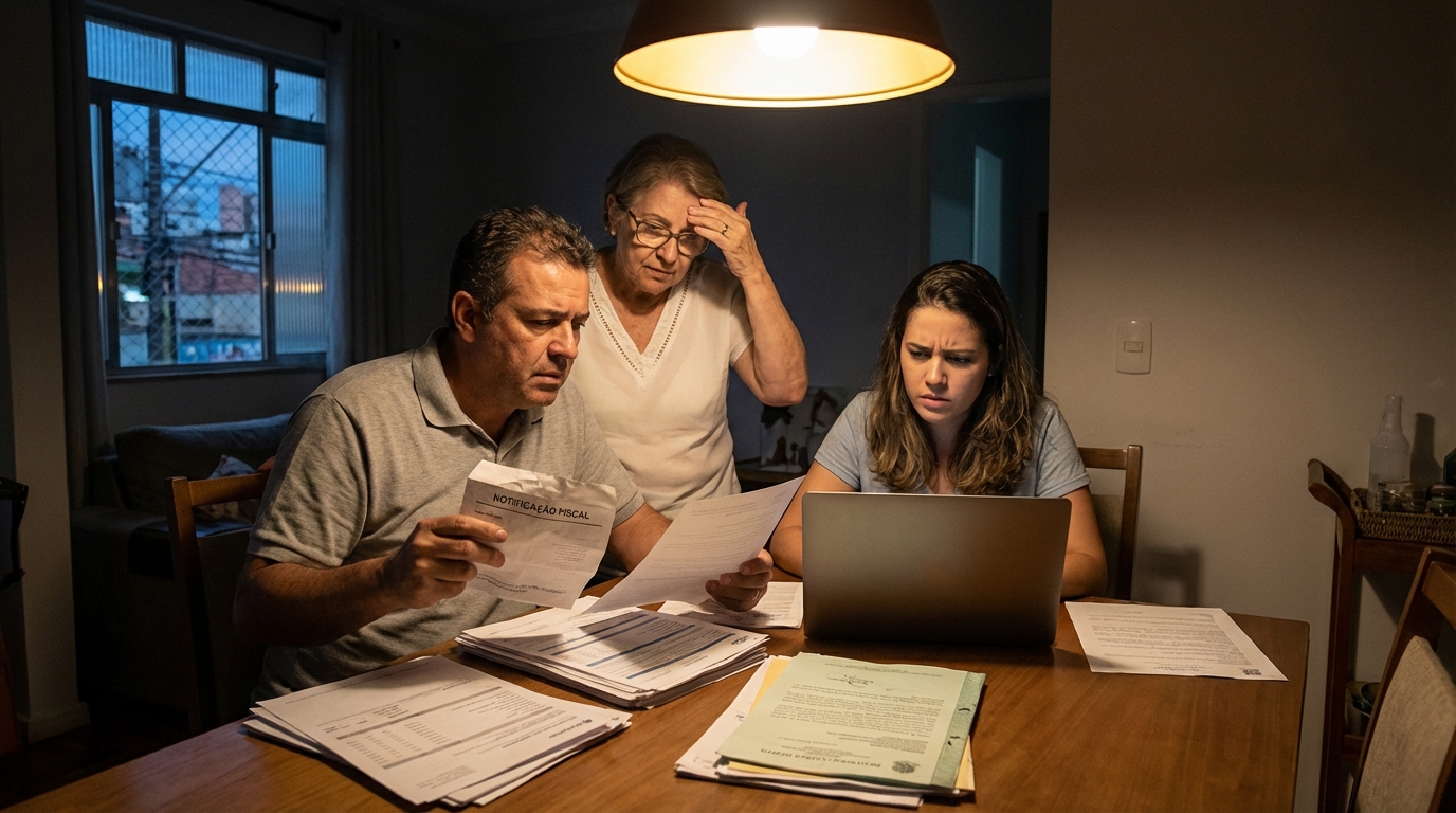 Família brasileira preocupada revisando documentos financeiros e certidões imobiliárias na mesa de jantar após receber notificação fiscal sobre herança