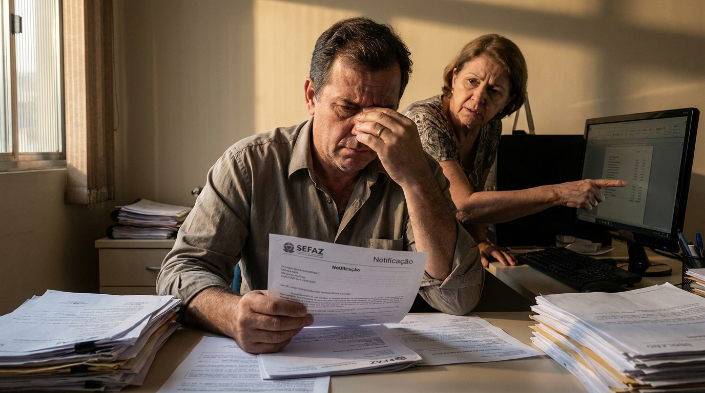 Empresário brasileiro em escritório contábil analisando notificação da Sefaz com expressão de tensão devido a problemas no inventário