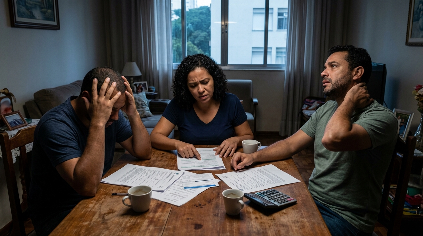 Irmãos brasileiros em sala de estar discutindo divisão de bens e taxas de inventário com expressões de preocupação sobre o futuro financeiro