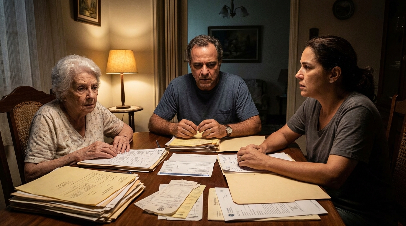 Mulher brasileira idosa com filhos adultos organizando pastas de documentos fiscais e comprovantes bancários com apreensão