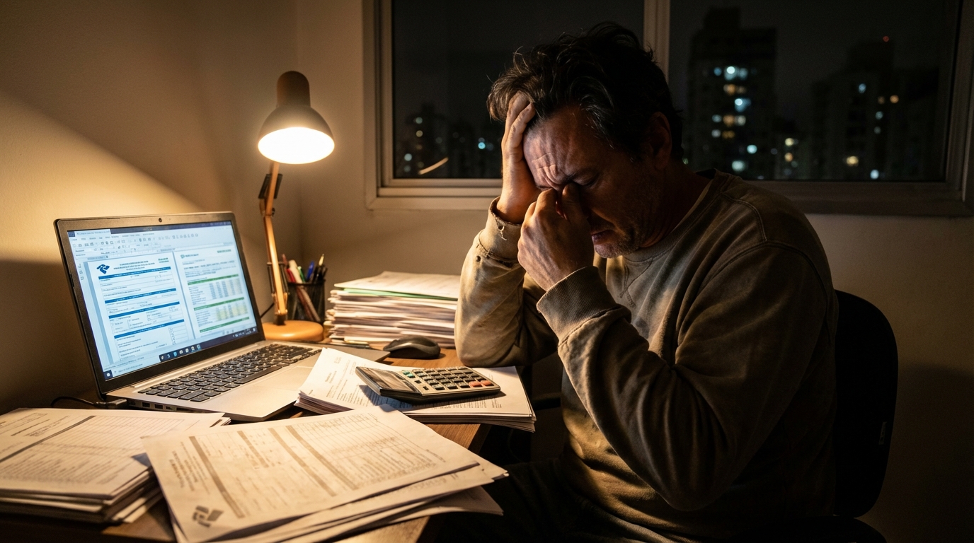 Homem brasileiro estressado fazendo cálculos de impostos no computador de casa durante a madrugada preocupado com multas