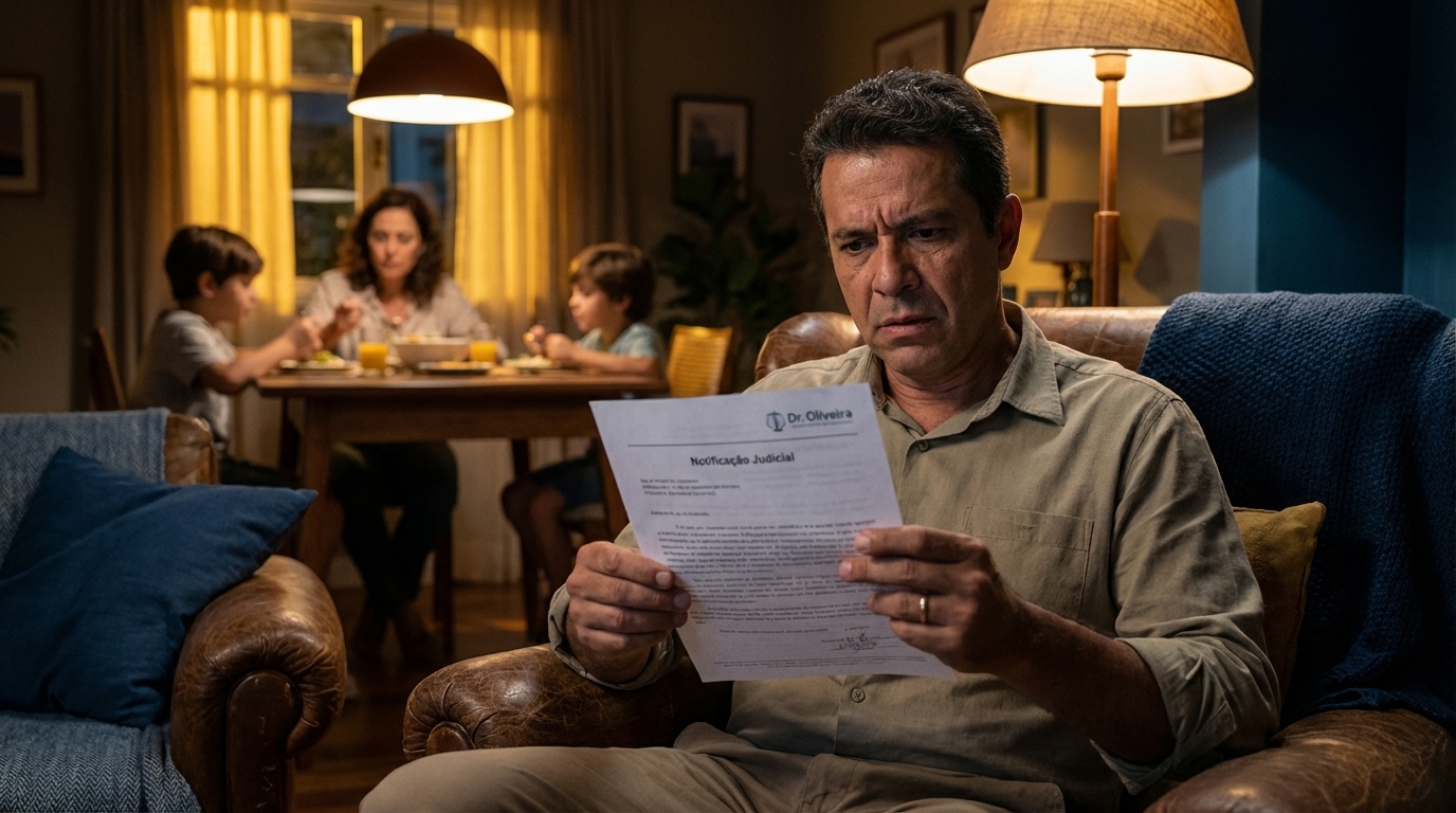Cidadão brasileiro de meia-idade, com expressão preocupada, lendo uma notificação judicial em sua sala de estar, com a família ao fundo desfocada, representando o peso das medidas cautelares