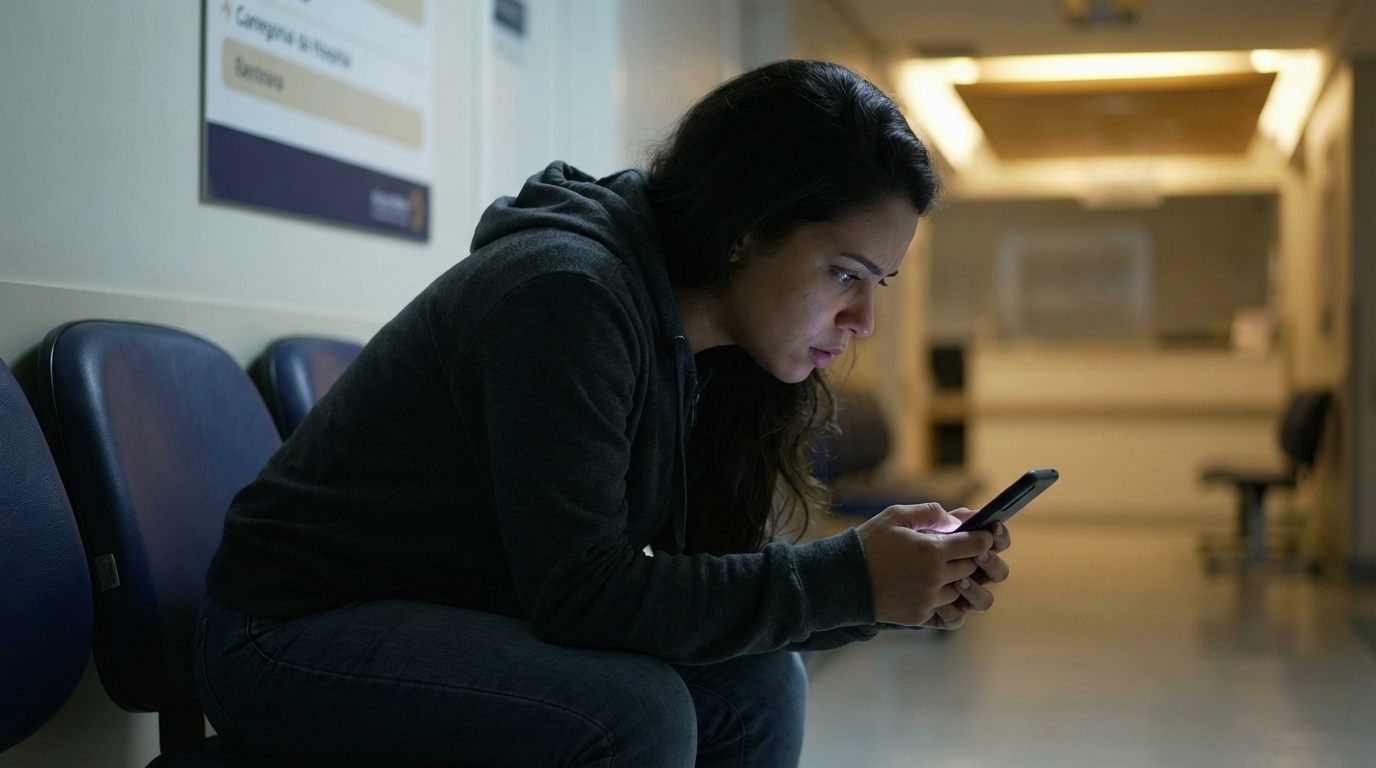 Mulher brasileira jovem em corredor de hospital, segurando celular com expressão de angústia aguardando notícias de familiar, representando a tensão entre a lei e a saúde