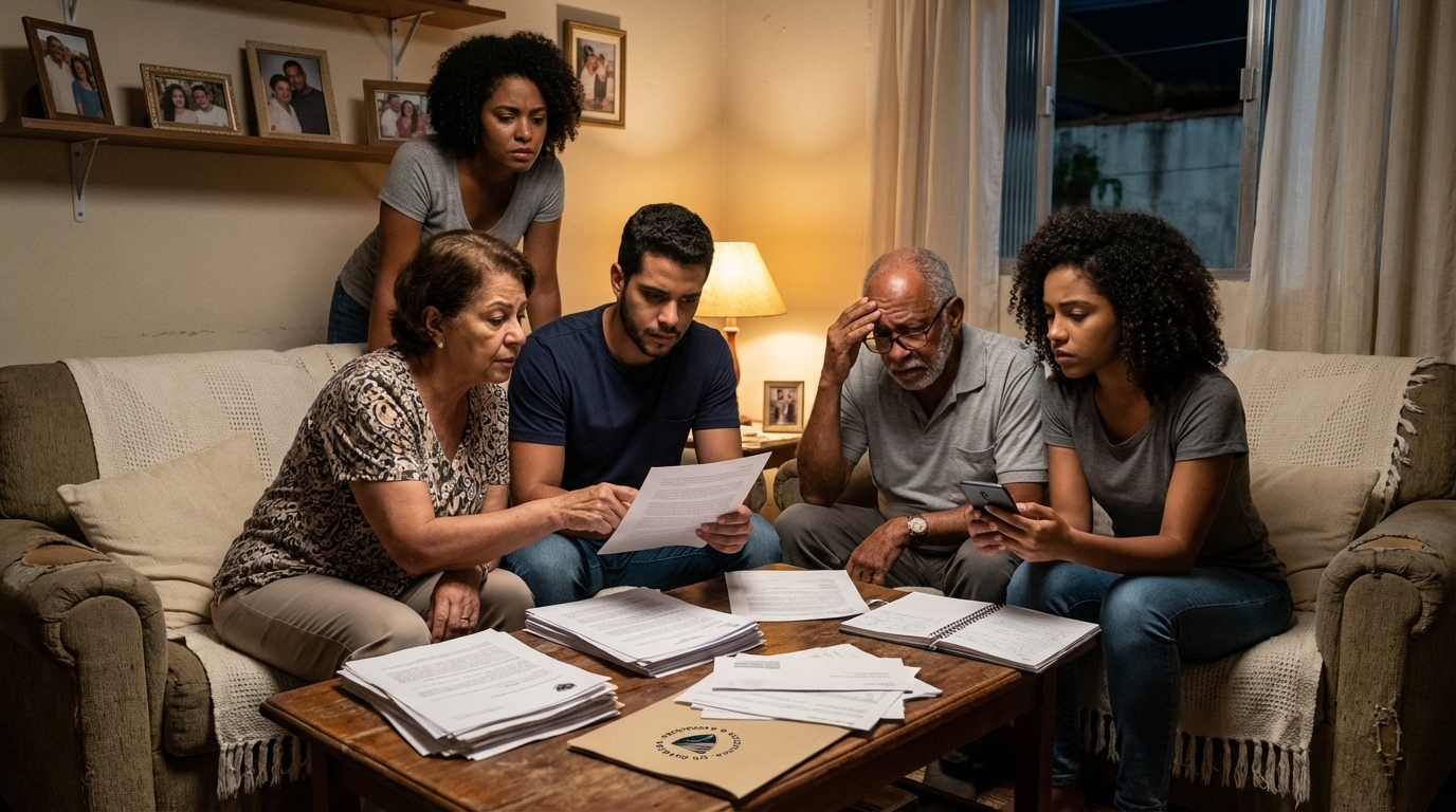 Família brasileira reunida em sala de estar simples, analisando papéis e documentos com semblante sério e preocupado, discutindo estratégias legais com advogado