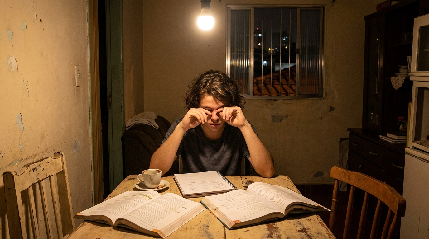 Estudante brasileiro de baixa renda estudando de madrugada em casa simples com expressão de cansaço garantindo acesso ao ensino superior através da Lei de Cotas