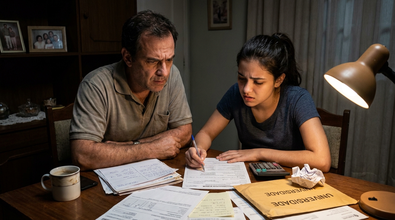 Pai e filha brasileiros preocupados analisando documentos e contas na mesa da sala buscando entender cotas sociais e acesso ao ensino superior