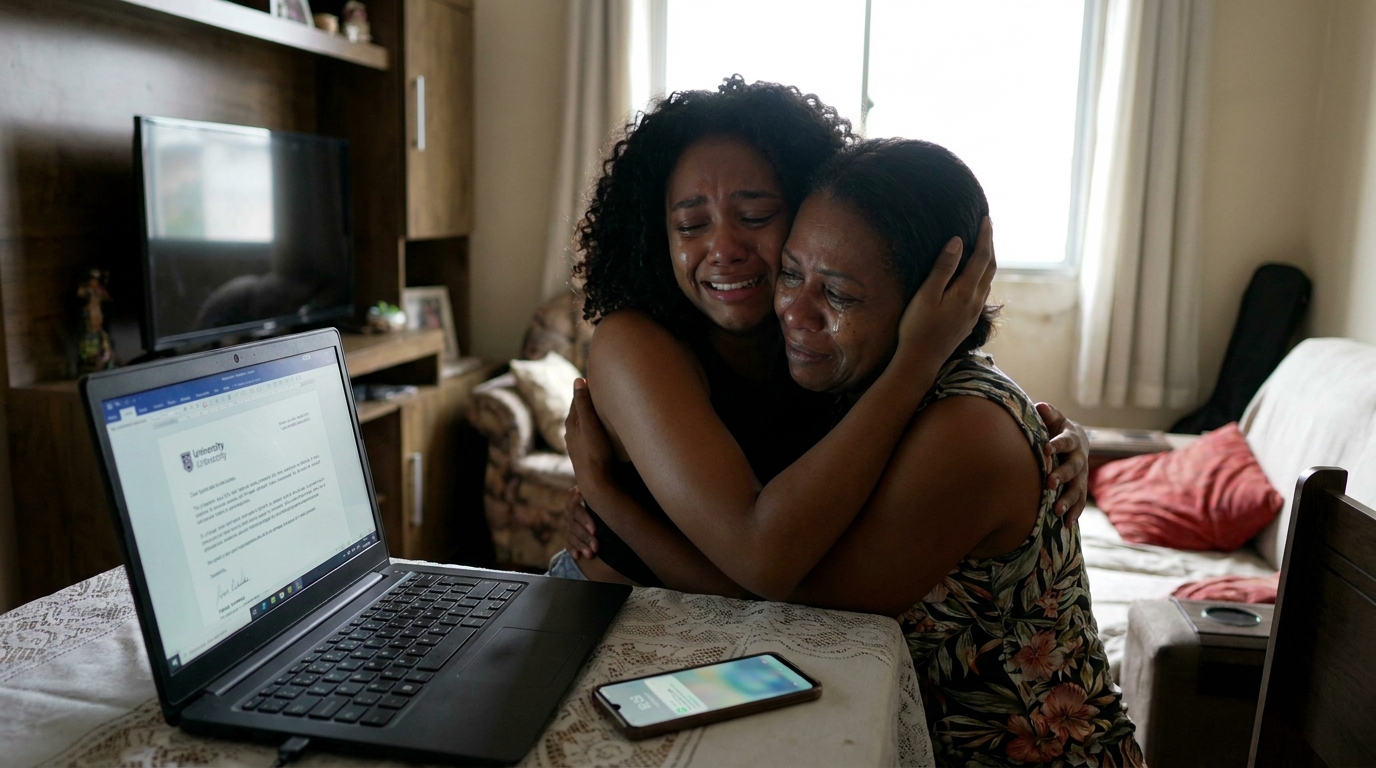 Jovem negra brasileira emocionada e chorando de alegria abraçando a mãe ao ver o resultado de aprovação no vestibular por ações afirmativas