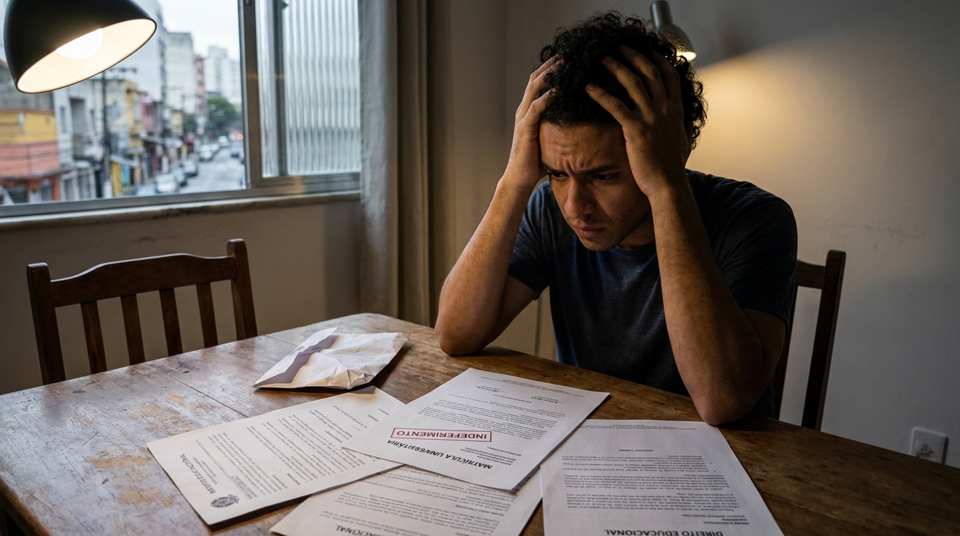 Estudante universitário brasileiro frustrado com as mãos na cabeça em frente a documentos de indeferimento de matrícula e direito educacional