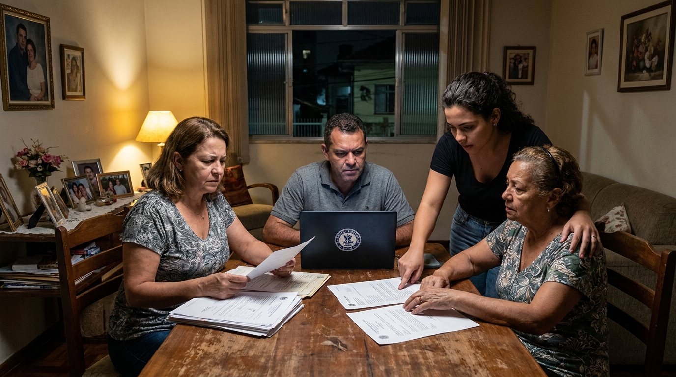 Família brasileira em reunião na sala de casa revisando papéis com expressão de determinação buscando advogado especialista em cotas