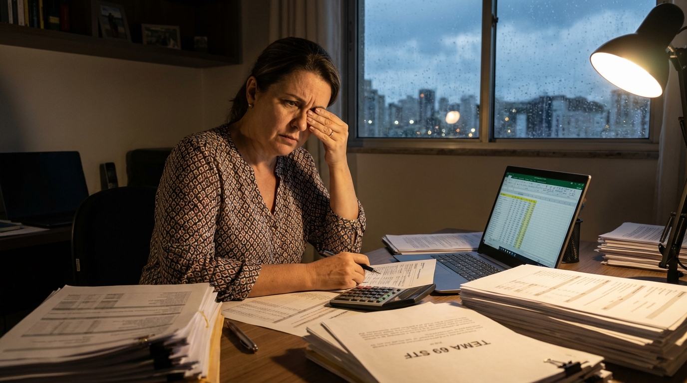 Empresária brasileira preocupada revisando planilhas financeiras em seu escritório com aumento da carga tributária empresarial