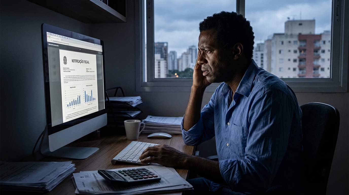 Gestor financeiro negro analisando notificação fiscal no computador com expressão de tensão sobre planejamento tributário