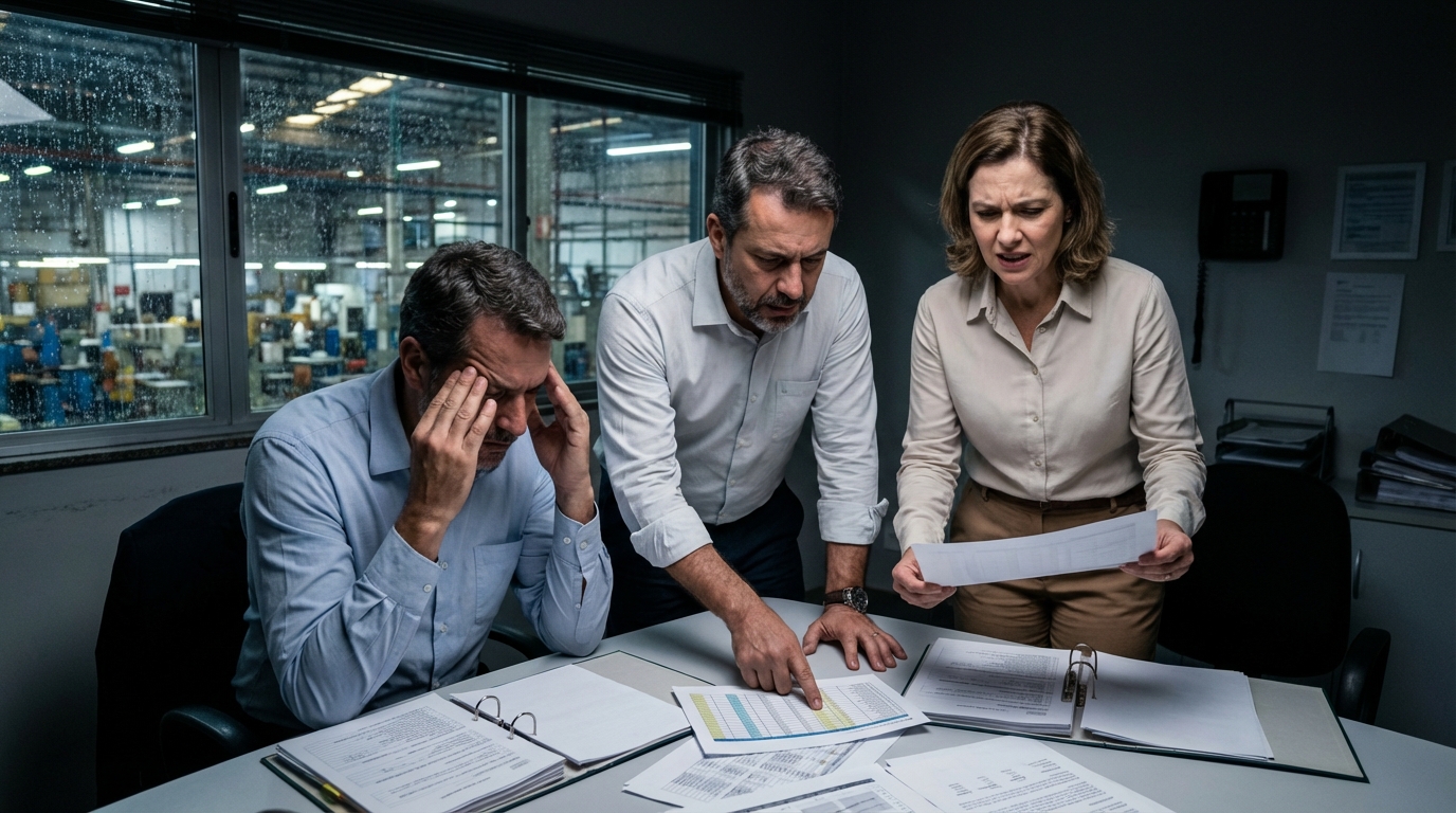 Sócios de uma indústria brasileira em reunião tensa discutindo estratégias de compliance fiscal na sala de reuniões