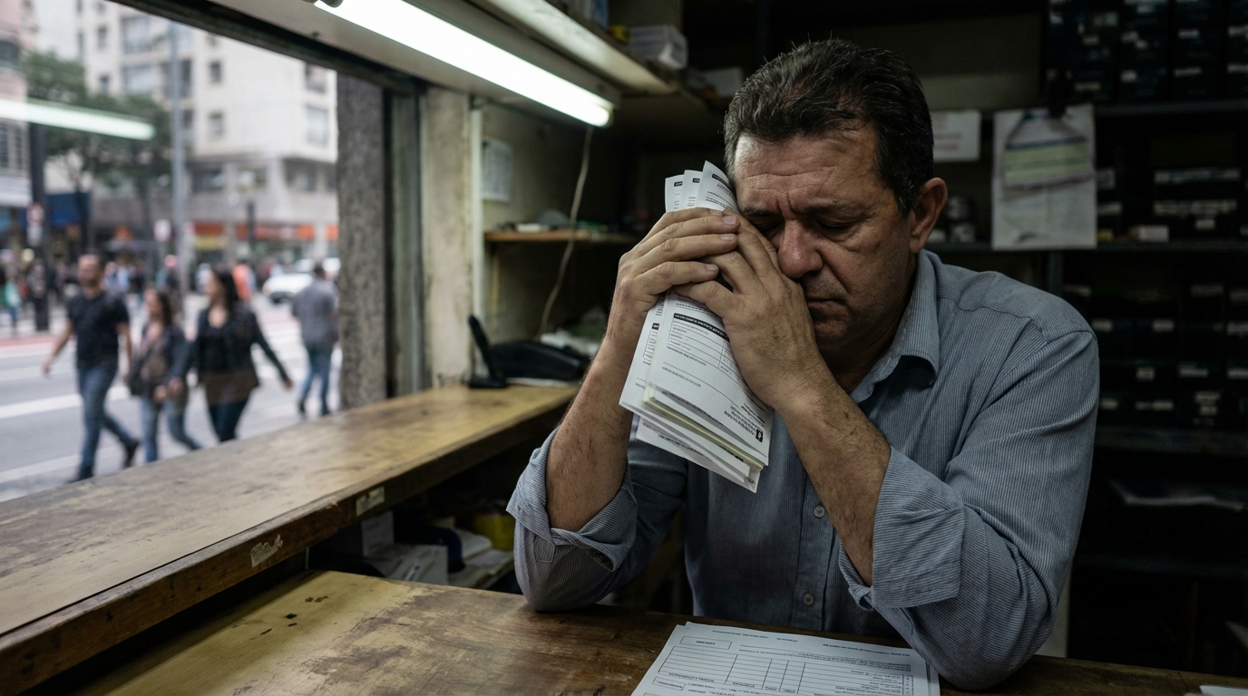 Comerciante brasileiro angustiado segurando contas e boletos no balcão de sua loja temendo aumento de impostos
