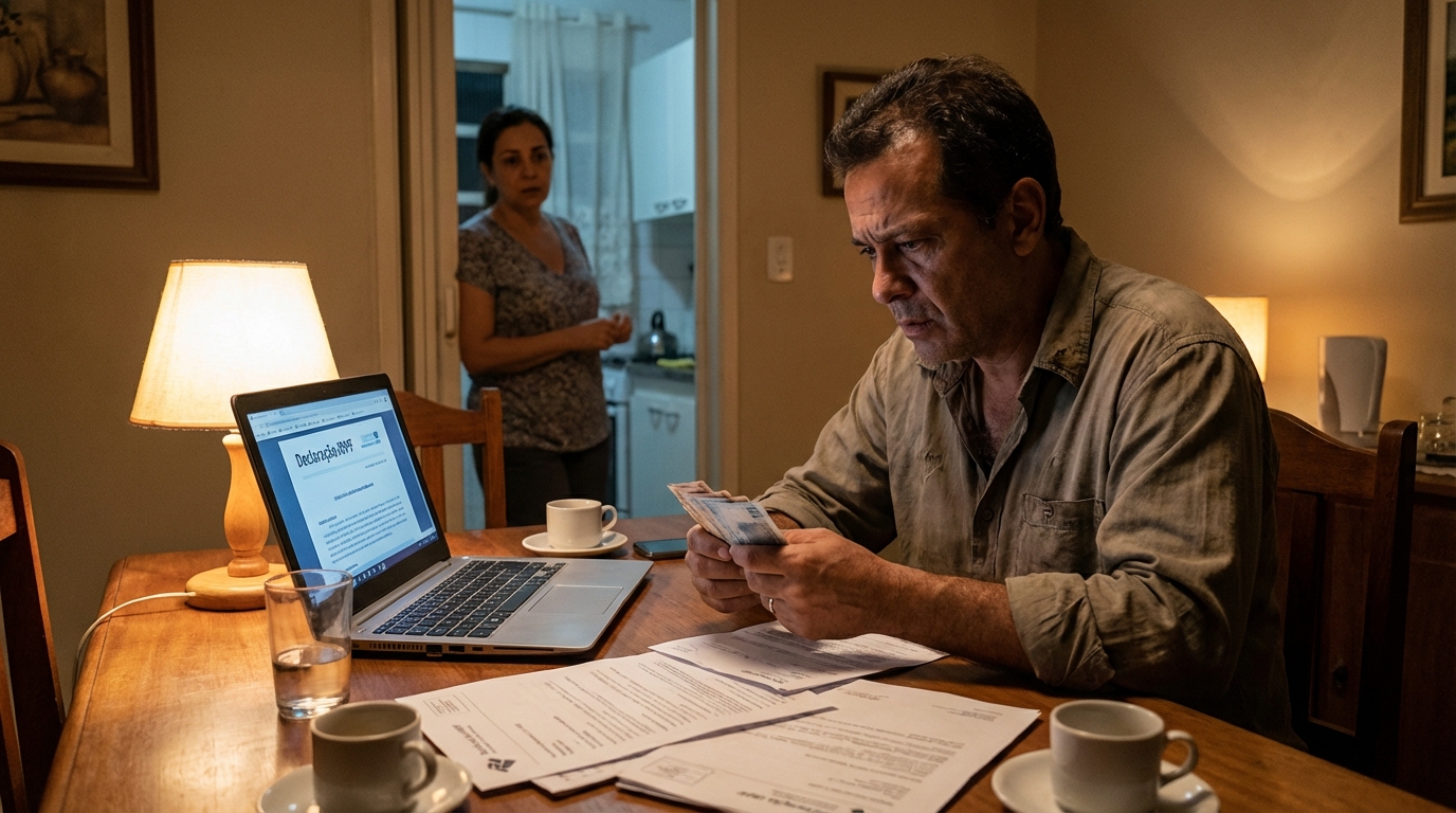 Empresário brasileiro angustiado olhando para papéis de cobrança na mesa da sala de jantar de sua casa, esposa preocupada ao fundo