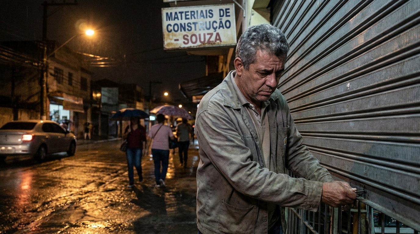 Pequeno empresário brasileiro fechando a porta de sua loja com expressão de derrota e profunda preocupação financeira