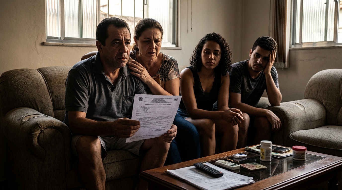 Família brasileira sentada no sofá da sala com semblante tenso e preocupado lendo uma notificação judicial de penhora