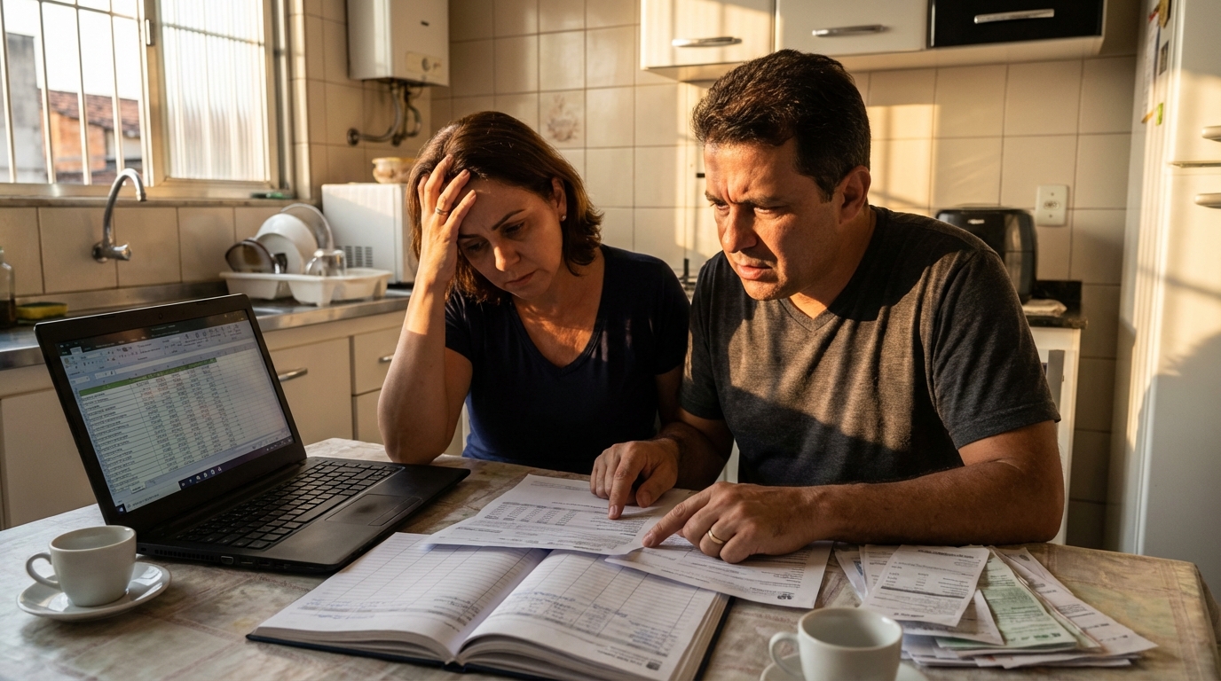 Casal de brasileiros conversando seriamente na cozinha de casa enquanto revisam planilhas financeiras tensos no notebook