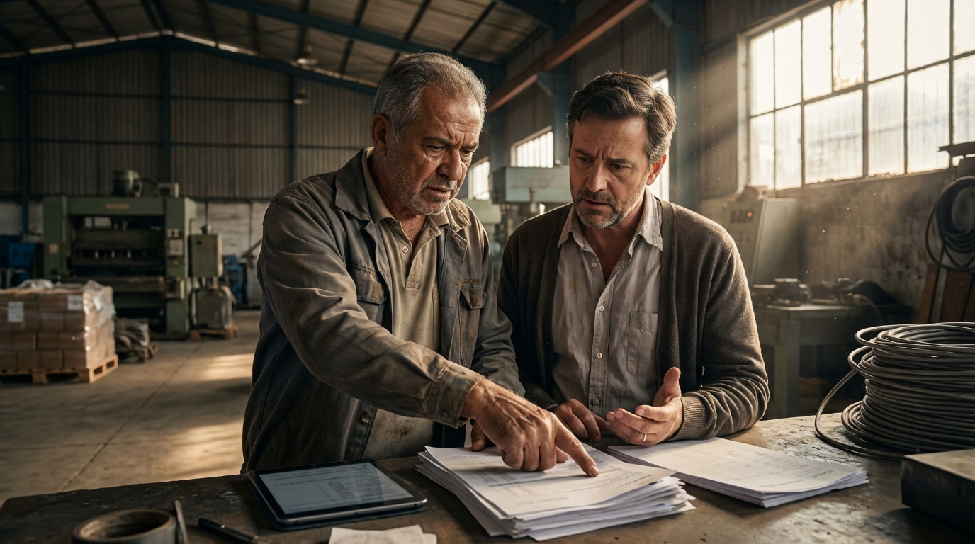 Dono de empresa brasileiro em galpão industrial conversando com contador e apontando para documentos com urgência