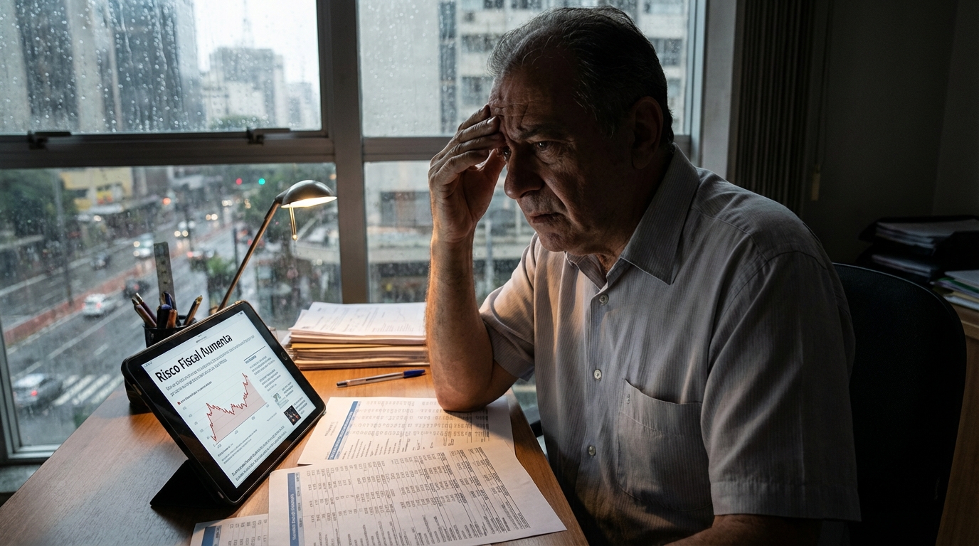 Empresário brasileiro preocupado analisando planilhas financeiras e notícias no tablet em seu escritório de contabilidade refletindo sobre Risco Fiscal