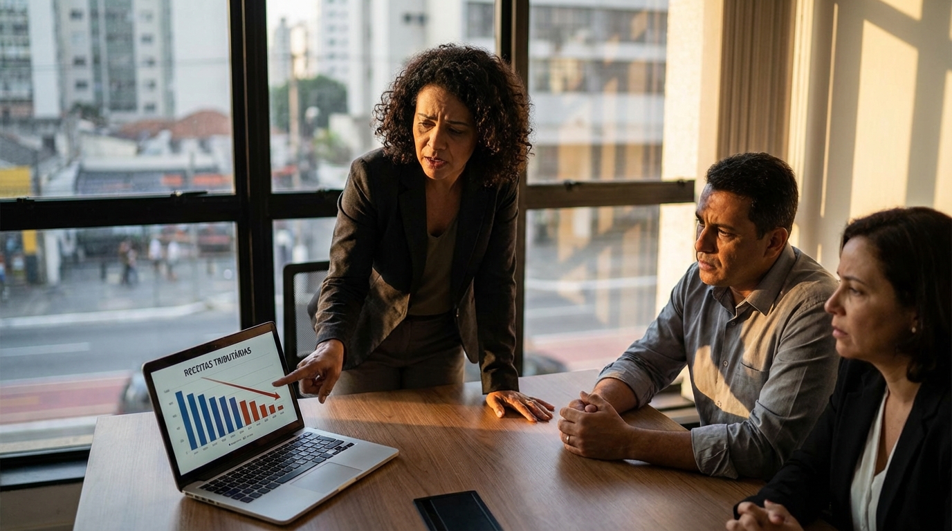 Gestora financeira brasileira em reunião tensa com sua equipe apontando para gráfico de queda de receitas no computador preocupada com Contencioso Fiscal
