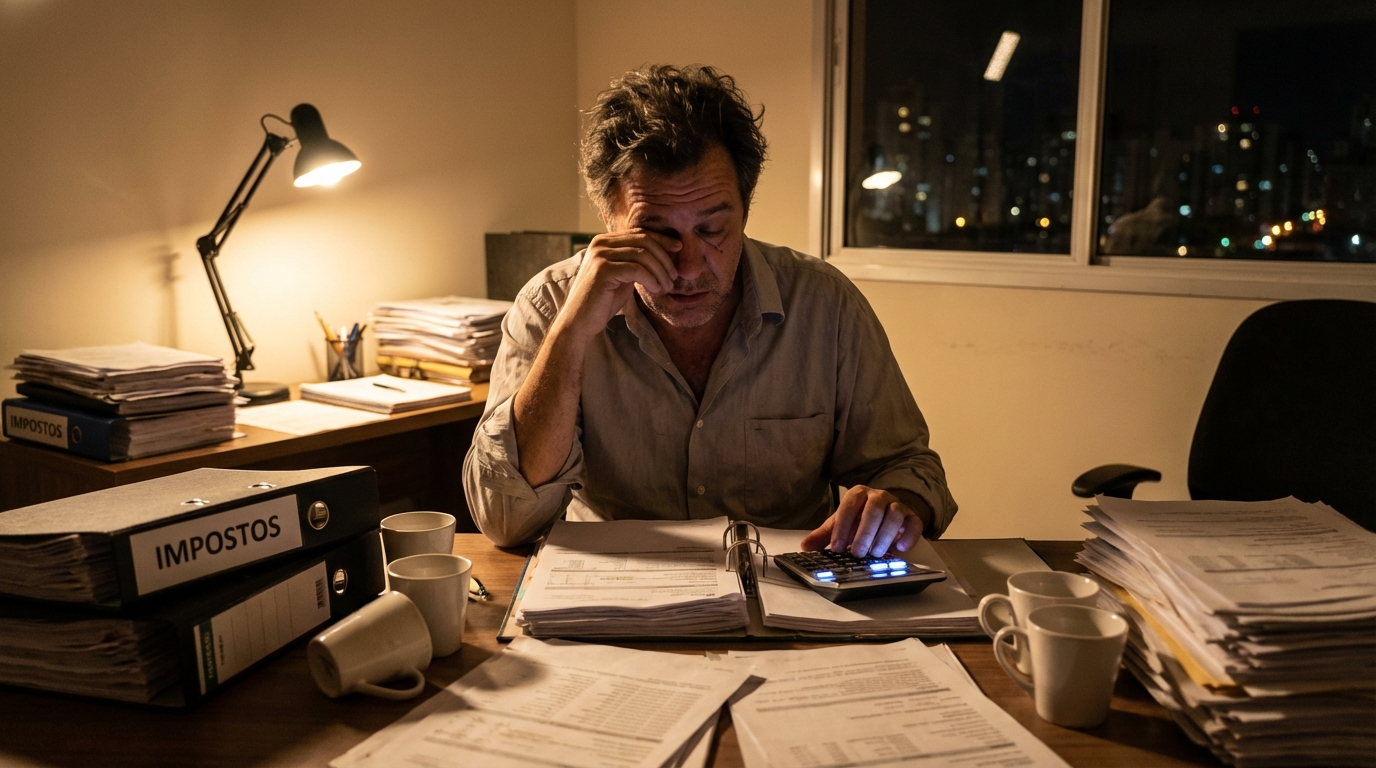 Contador brasileiro organizando pilhas de notas fiscais e documentos de impostos com expressão de cansaço noturno focado no Planejamento Tributário