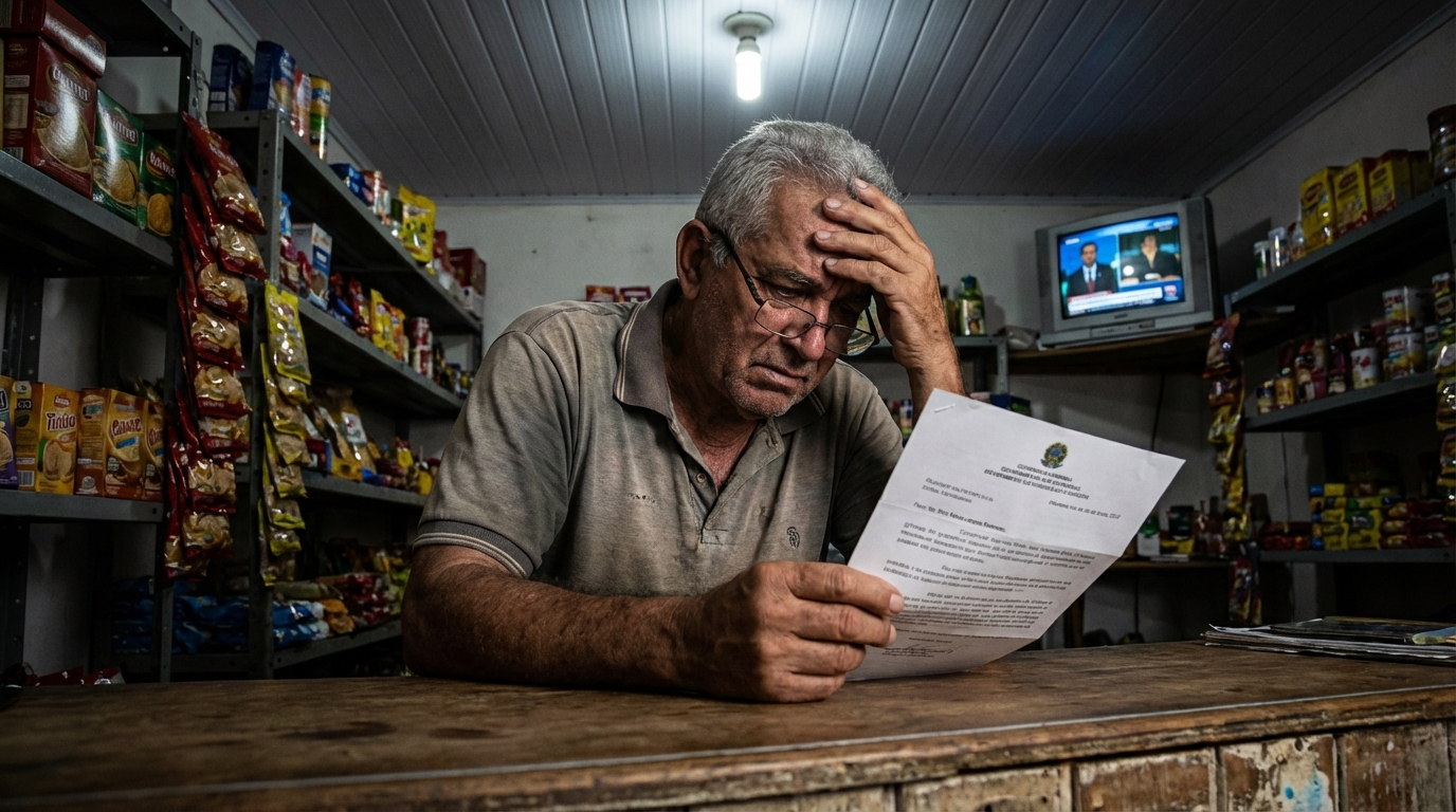 Dono de pequeno comércio brasileiro lendo com aflição uma carta oficial de notificação de cobrança no balcão de sua loja buscando Defesa em Execução Fiscal