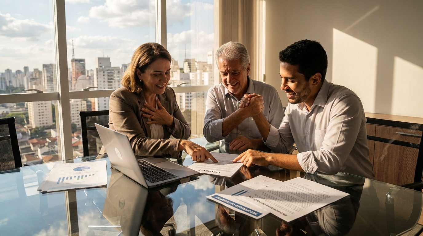 Empresários brasileiros de diferentes idades aliviados revisando um contrato bem sucedido em uma mesa de vidro durante processo de Recuperação de Créditos Tributários