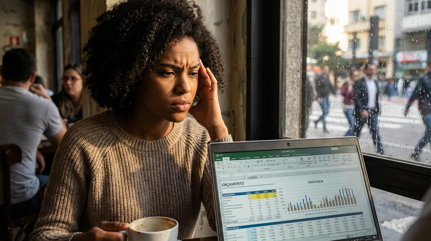 Jovem empreendedora brasileira de pele negra focada digitando em seu notebook em um café enquanto ajusta o orçamento da empresa para mitigar o Risco Fiscal