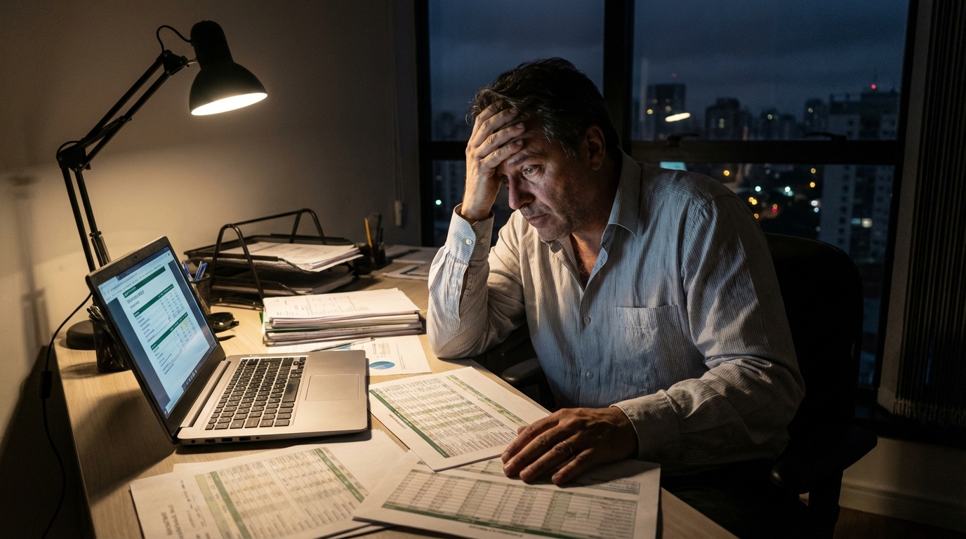 Empresário brasileiro de meia-idade preocupado em seu escritório analisando relatório financeiro tarde da noite, TCU e crimes empresariais