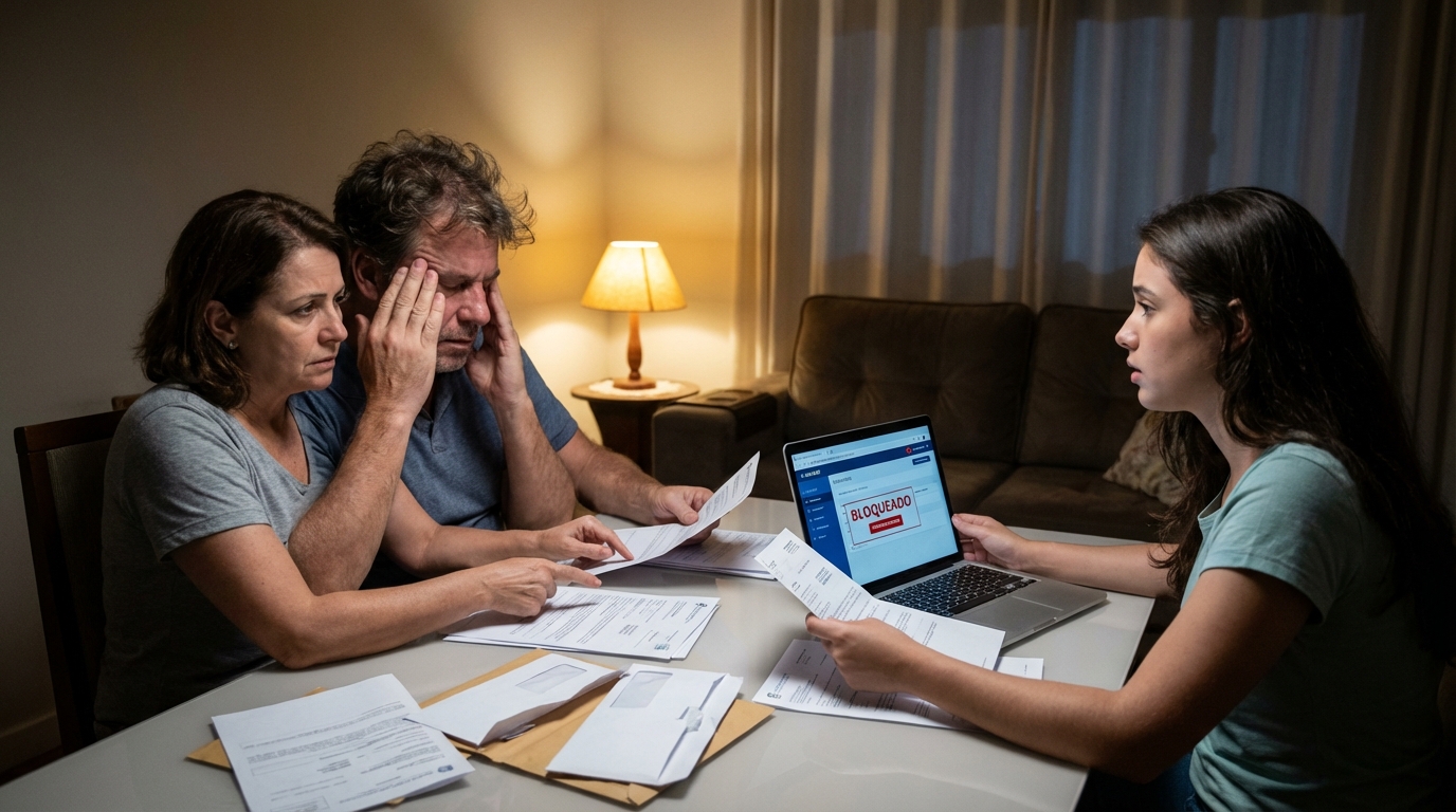 Família brasileira angustiada na sala de estar revisando extratos bancários bloqueados após ação do Ministério Público, defesa criminal para empresários