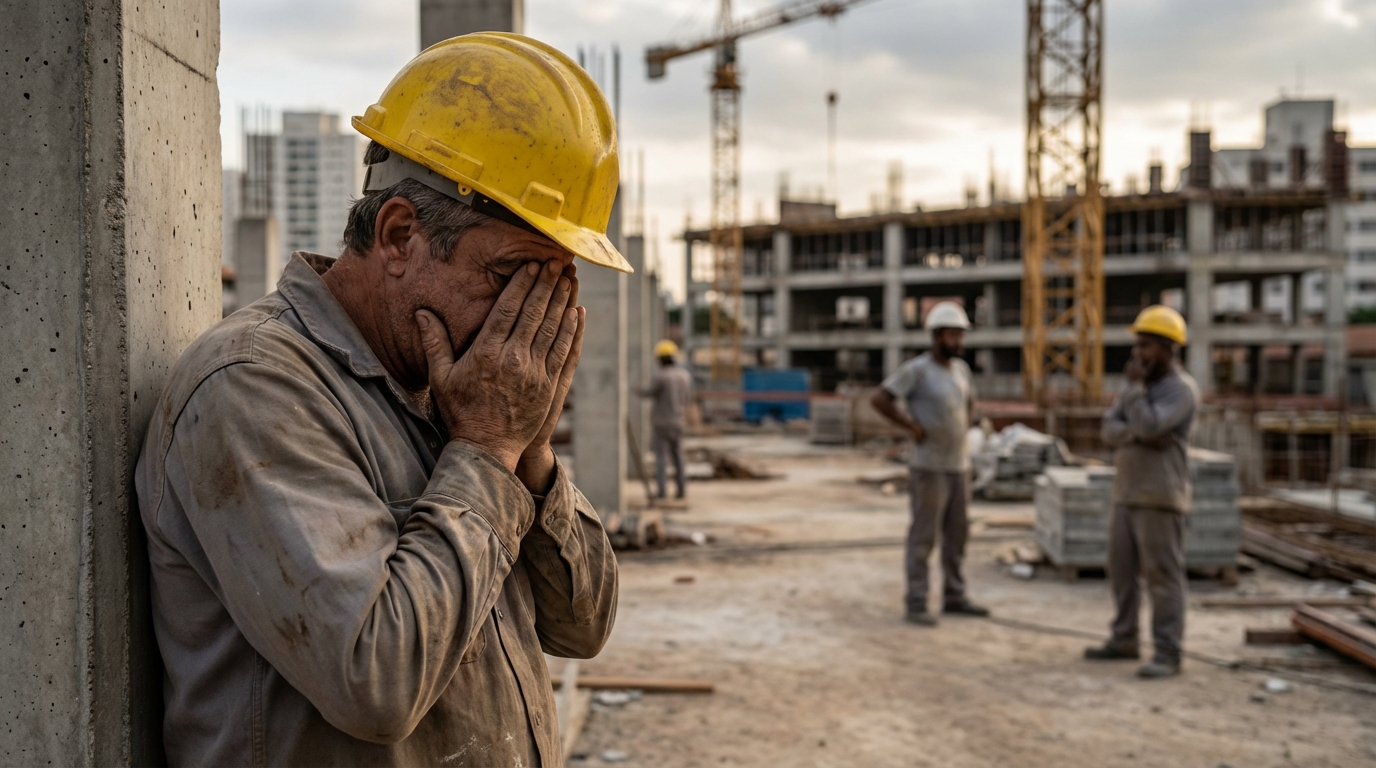 Construtor brasileiro de meia-idade com capacete observando obra paralisada com expressão de desespero e mãos no rosto, fraude em licitação