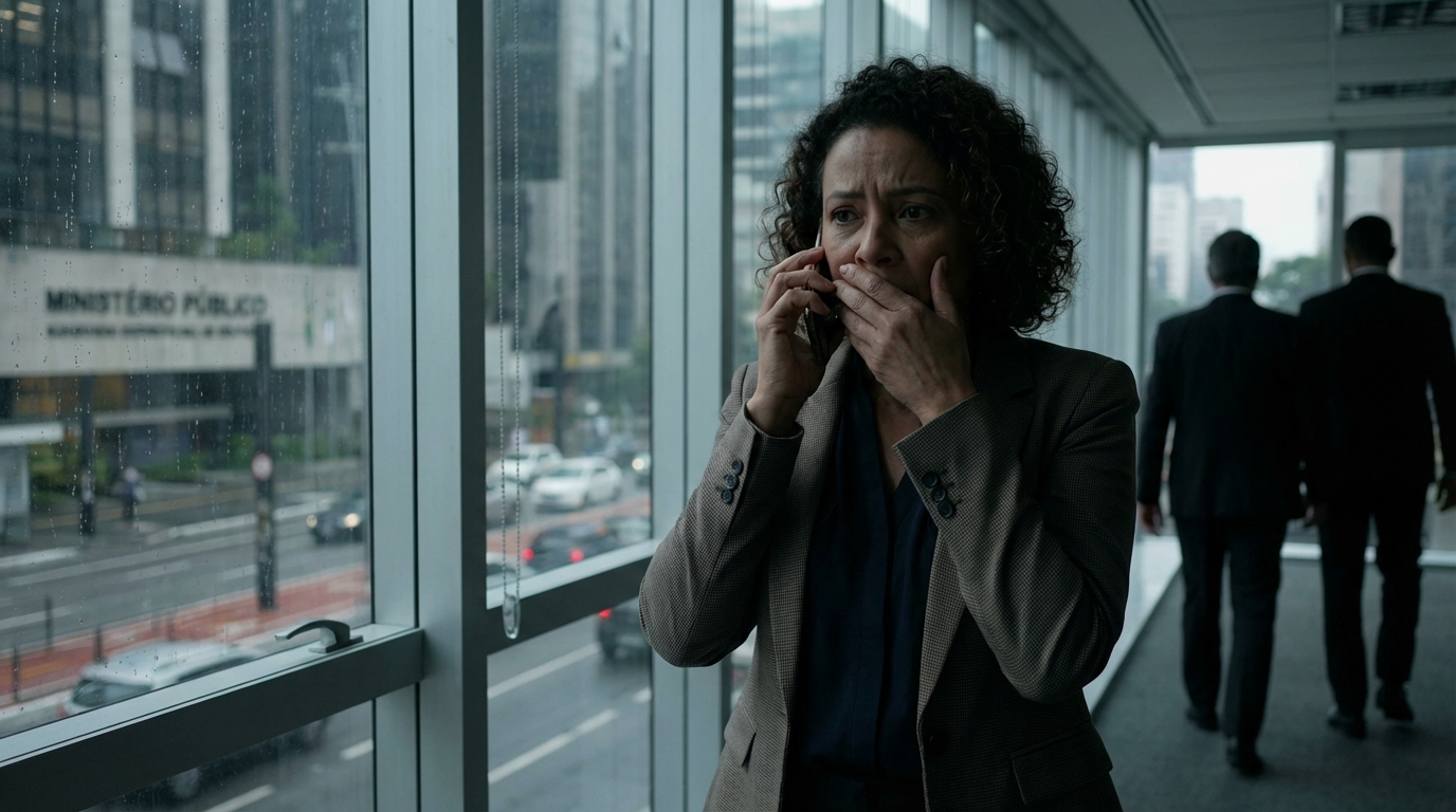 Executiva brasileira tensa no escritório da empresa conversando ao celular com expressão de choque, investigação do Ministério Público