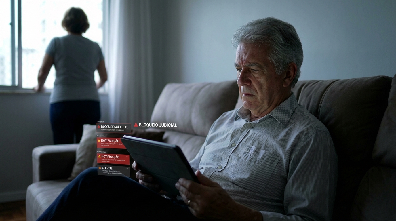 Homem de negócios brasileiro idoso sentado no sofá de casa olhando apreensivo para notificações no tablet com a esposa ao fundo, bloqueio de bens