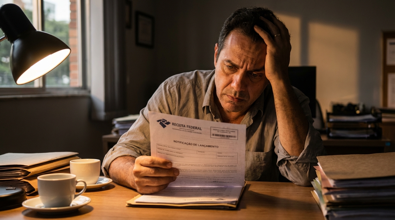Empresário brasileiro em escritório analisando notificação fiscal da Receita Federal com expressão de profunda preocupação e cansaço