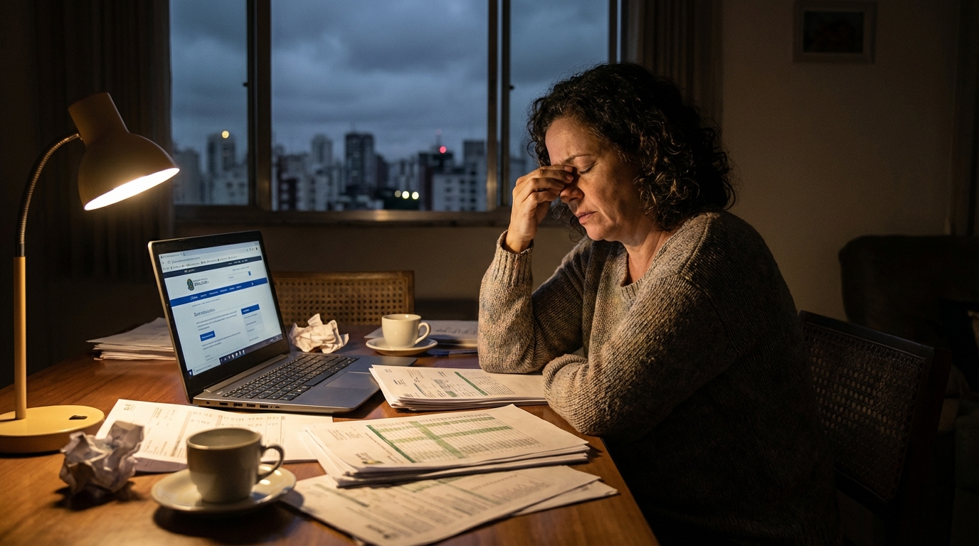 Contadora brasileira em mesa de jantar revisando planilhas financeiras de madrugada, buscando soluções para dívidas da empresa com expressão de cansaço