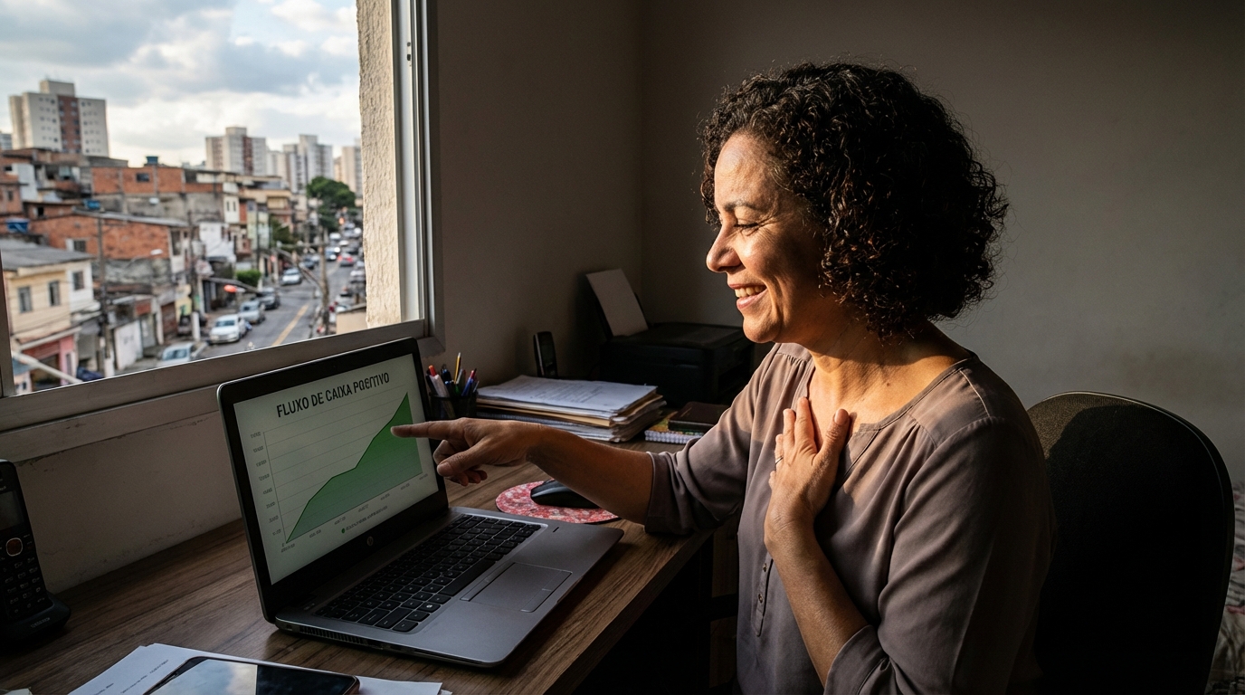 Empreendedora brasileira sorrindo aliviada ao ver fluxo de caixa positivo na tela do notebook, após resolução de problema financeiro em seu escritório