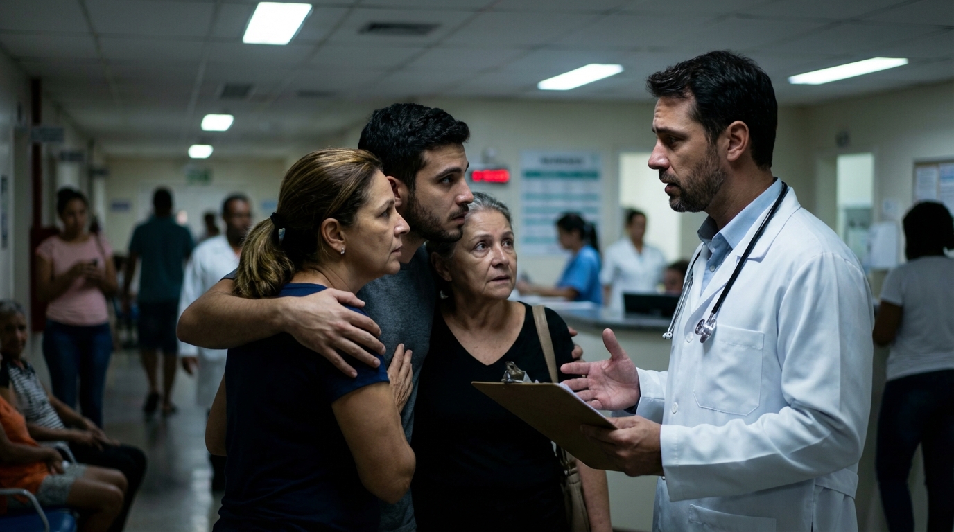 Família brasileira preocupada e tensa conversando com médico no corredor de um pronto-socorro após negativa de plano de saúde