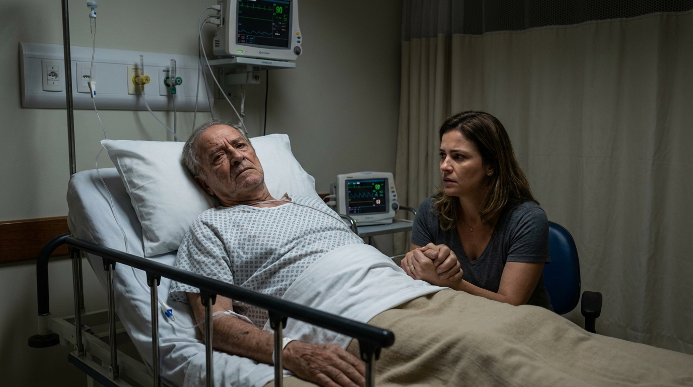 Paciente idoso brasileiro deitado em maca de hospital com fisionomia de dor e preocupação sendo amparado pela filha