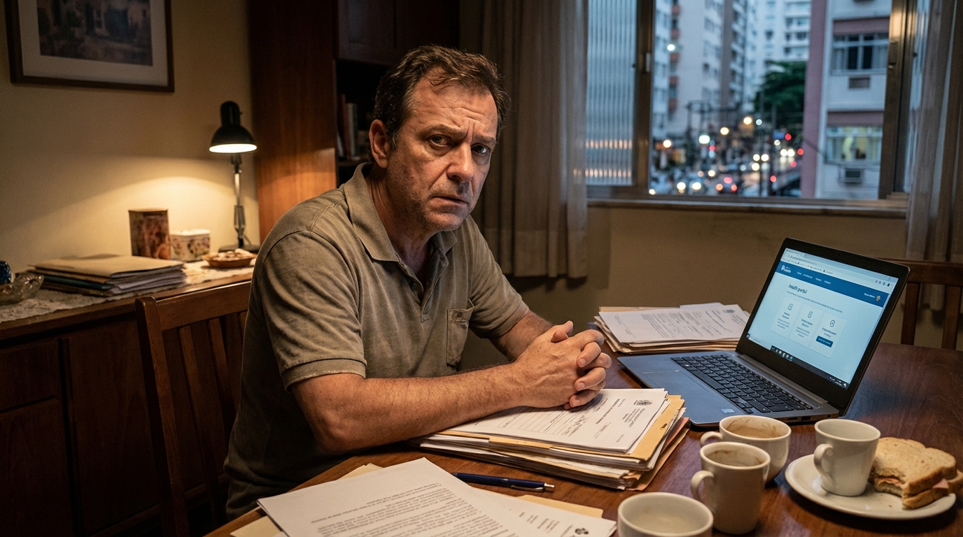 Pai de família brasileiro organizando documentos médicos e laudos em uma mesa com expressão de determinação para buscar a Justiça