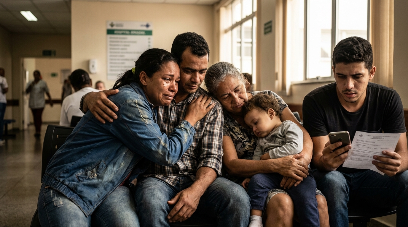Família brasileira aliviada e emocionada abraçando advogado após conseguir vitória judicial e internação no hospital