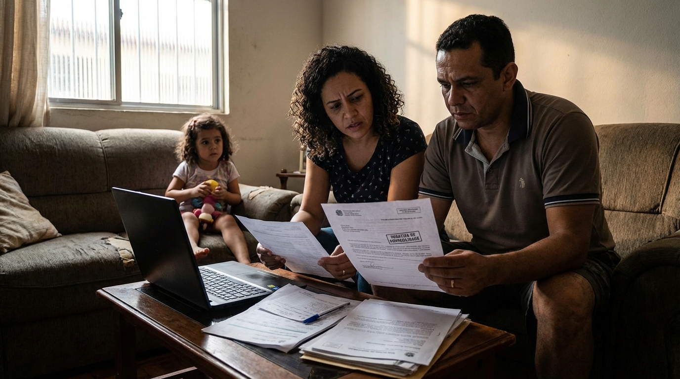 Família brasileira preocupada revisando documentos médicos após negativa de plano de saúde na sala de estar